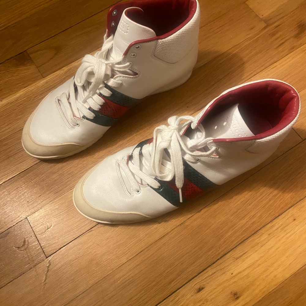 White Gucci High-Top Sneakers with Red & Green Accent